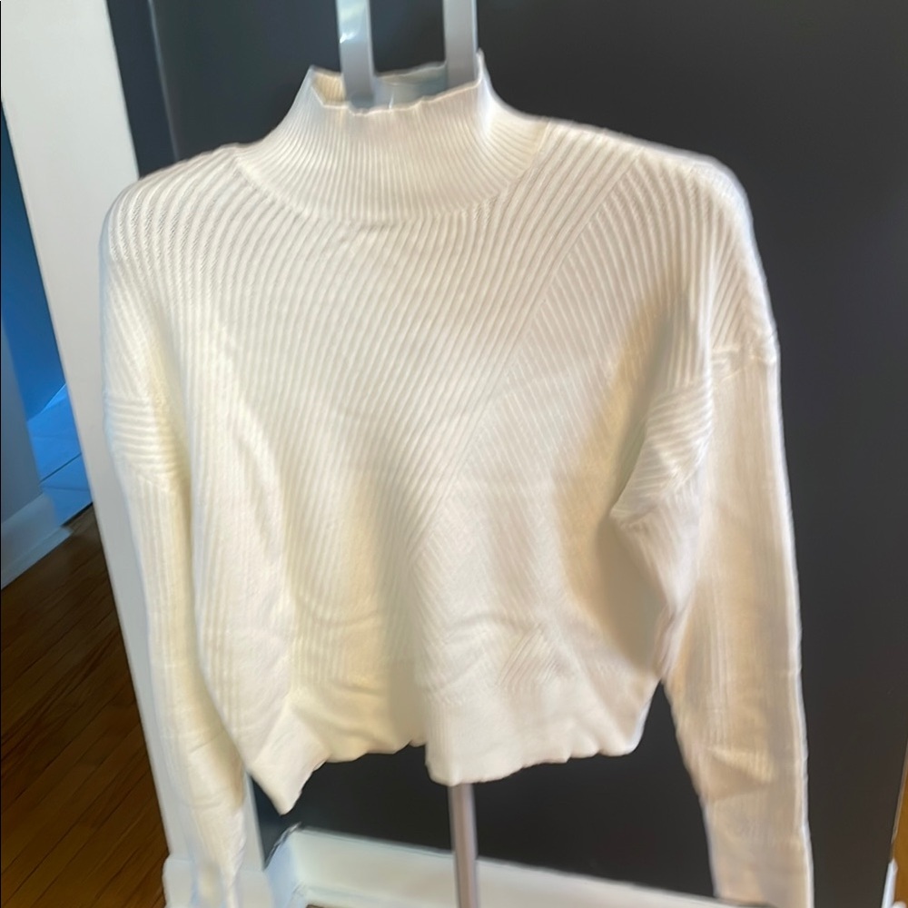 RD Style White Cowl Neck Sweater with Ribbed Texture